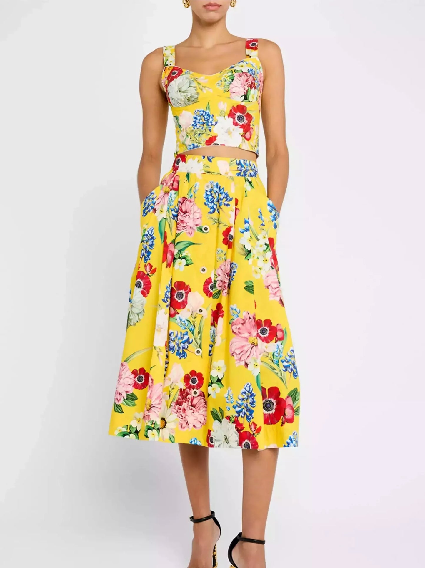 Floral Cropped Bustier Top and Pleated Midi Skirt Set - Suits & Sets