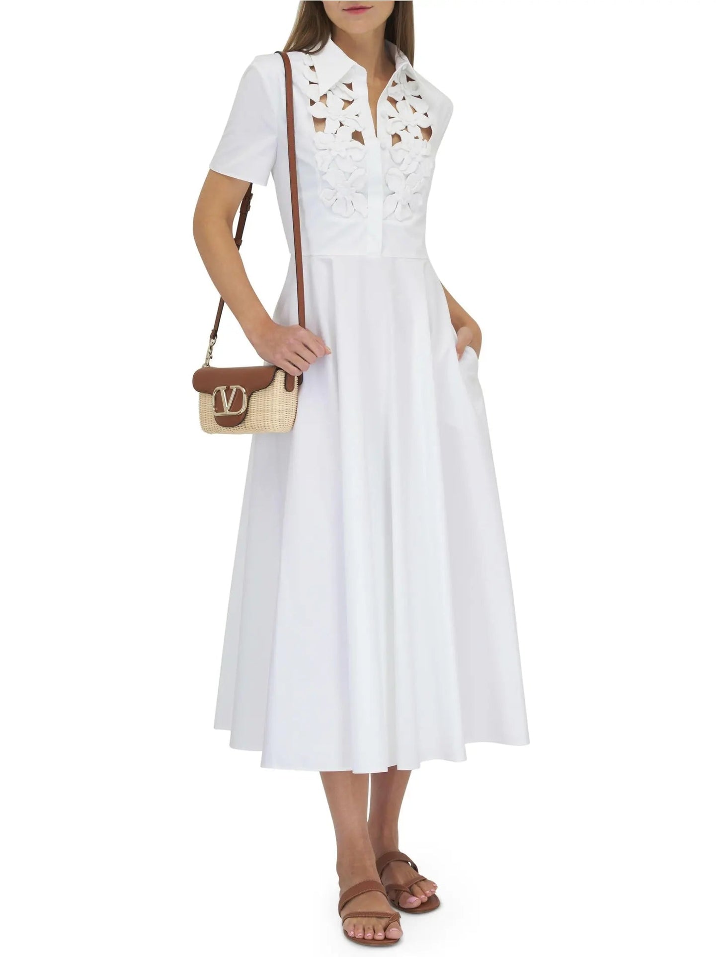 Floral Cut-Out Midi Dress in White - small - Dresses