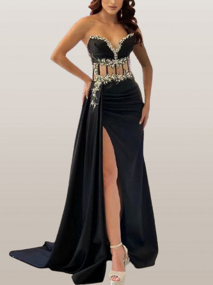 Floral Embroidered Black Velvet Corset Strapless Gown - Dresses