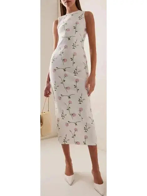 Floral Embroidered Cotton-Blend White Midi Dress - Dresses