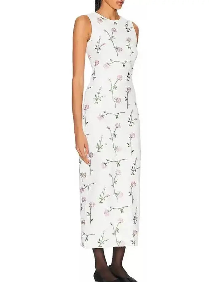 Floral Embroidered Cotton-Blend White Midi Dress - Dresses