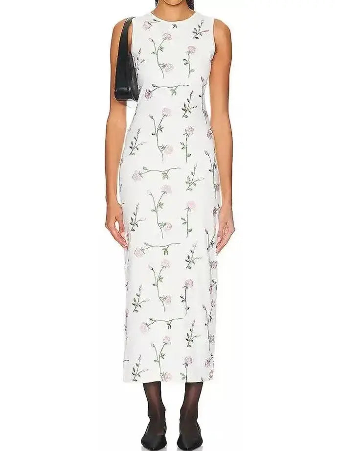 Floral Embroidered Cotton-Blend White Midi Dress - Dresses