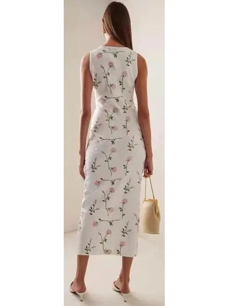 Floral Embroidered Cotton-Blend White Midi Dress - Dresses