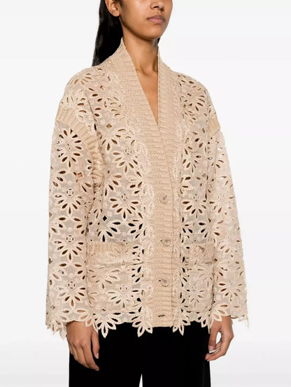 Floral-Embroidered Cotton Cardigan Sweater - Sweaters & Knitwear