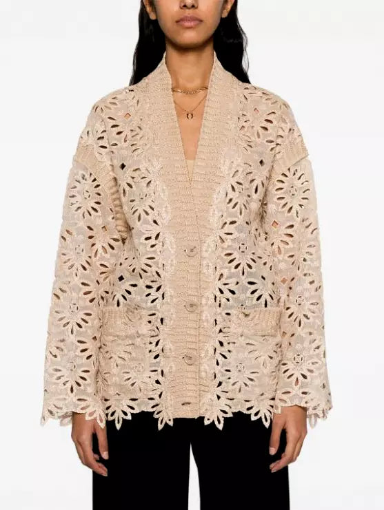 Floral-Embroidered Cotton Cardigan Sweater - Sweaters & Knitwear