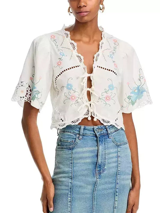 Floral Embroidered Cropped Blouse - Tops