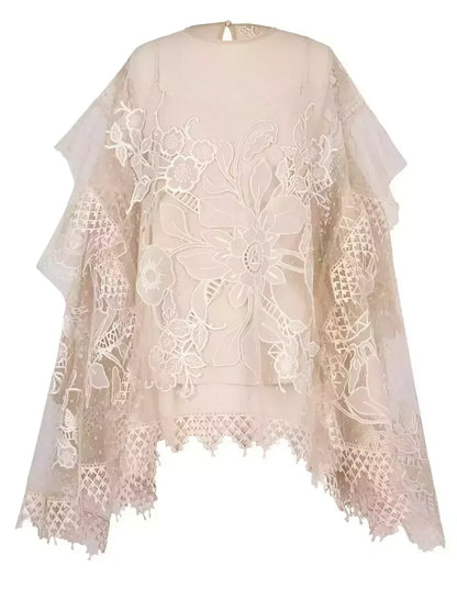 Floral Embroidered Flared-Sleeve Blouse - Tops