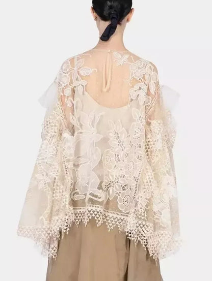 Floral Embroidered Flared-Sleeve Blouse - Tops