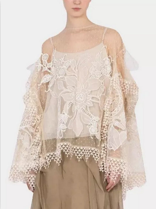 Floral Embroidered Flared-Sleeve Blouse - S - Tops