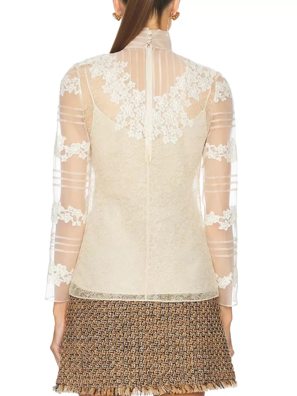 Floral-Embroidered High-Neck Silk Blouse - Tops