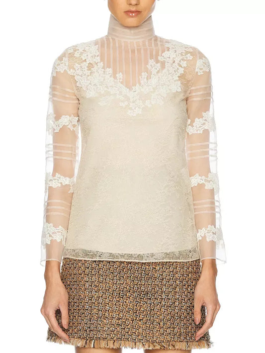 Floral-Embroidered High-Neck Silk Blouse - S - Tops