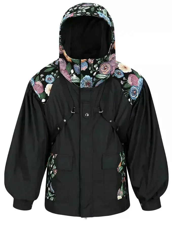 Floral-Embroidered Hooded Oversize Harness Jacket - Jackets