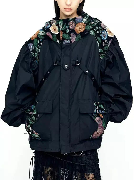 Floral-Embroidered Hooded Oversize Harness Jacket - Jackets