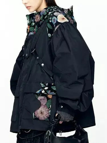 Floral-Embroidered Hooded Oversize Harness Jacket - Jackets