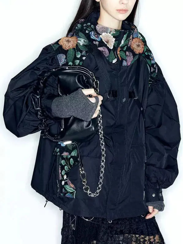 Floral-Embroidered Hooded Oversize Harness Jacket - Jackets