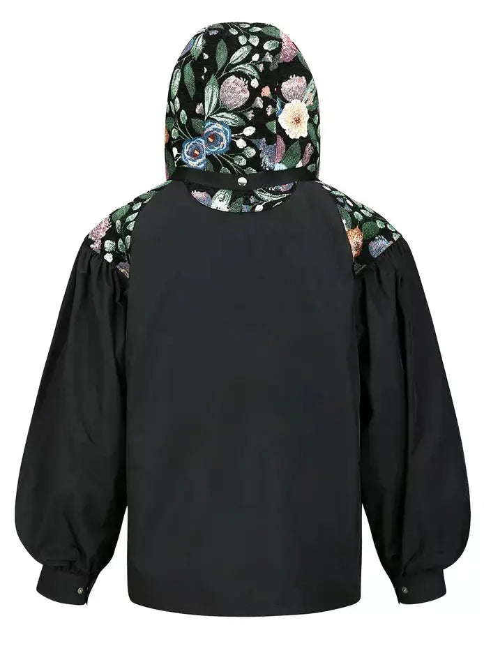 Floral-Embroidered Hooded Oversize Harness Jacket - Jackets