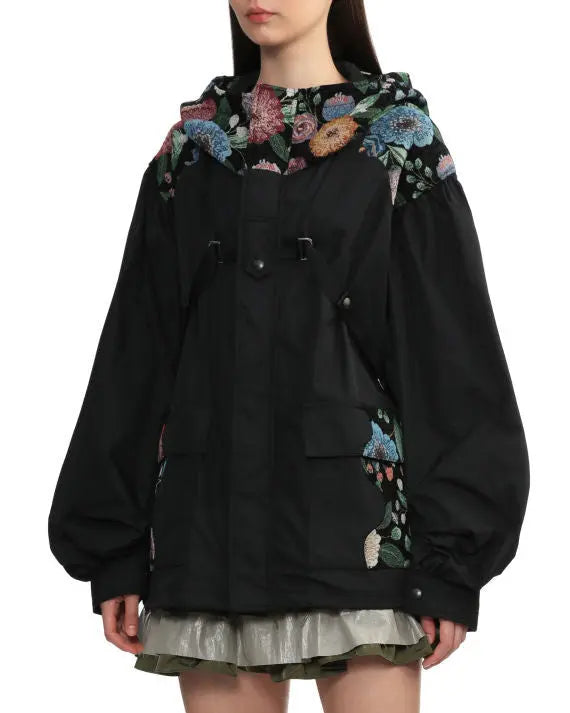 Floral-Embroidered Hooded Oversize Harness Jacket - Jackets