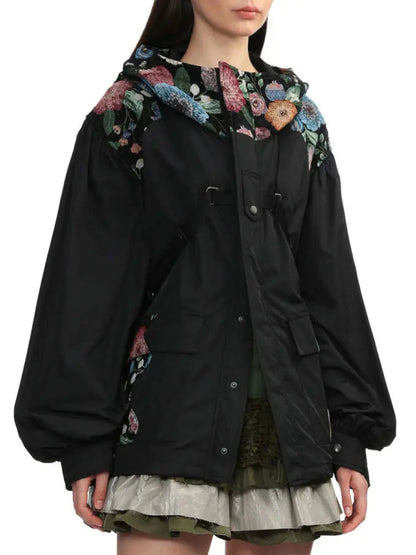 Floral-Embroidered Hooded Oversize Harness Jacket - Jackets