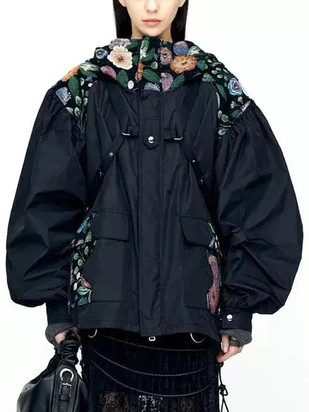 Floral-Embroidered Hooded Oversize Harness Jacket - Jackets