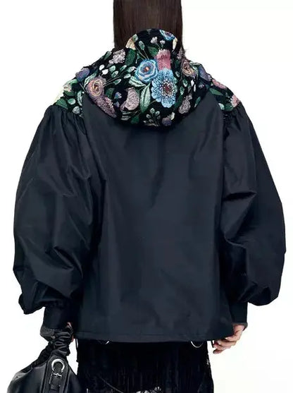 Floral-Embroidered Hooded Oversize Harness Jacket - Jackets