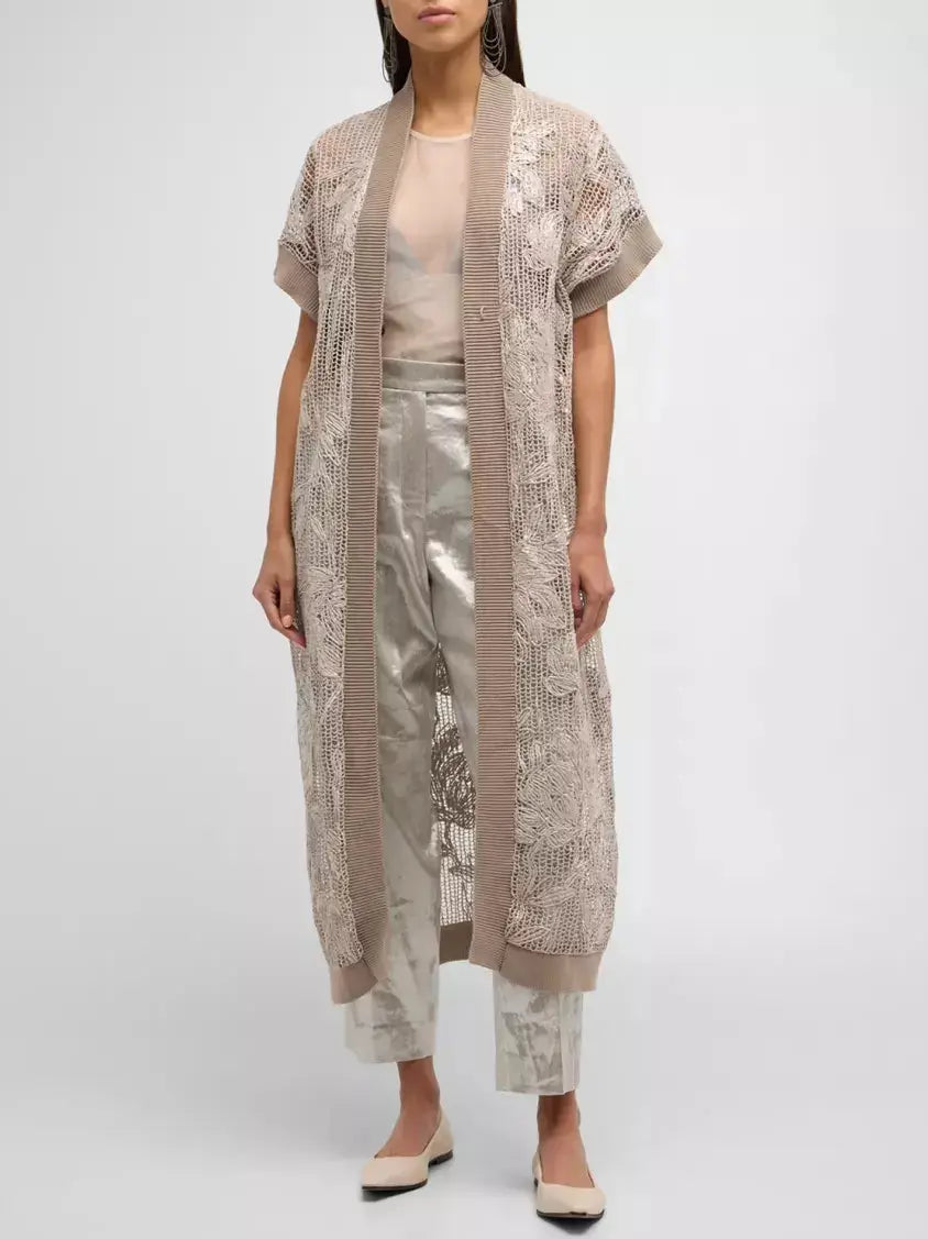 Floral-Embroidered Knit Net Sleeveless Long Cardigan - Sweaters & Knitwear