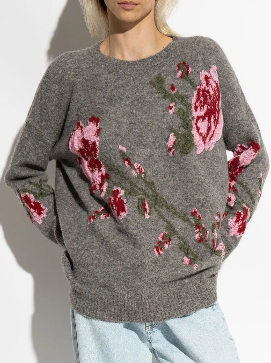 Floral Embroidered Knit Sweater in Gray - Sweaters & Knitwear