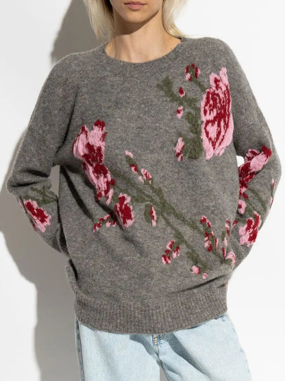 Floral Embroidered Knit Sweater in Gray - Sweaters & Knitwear