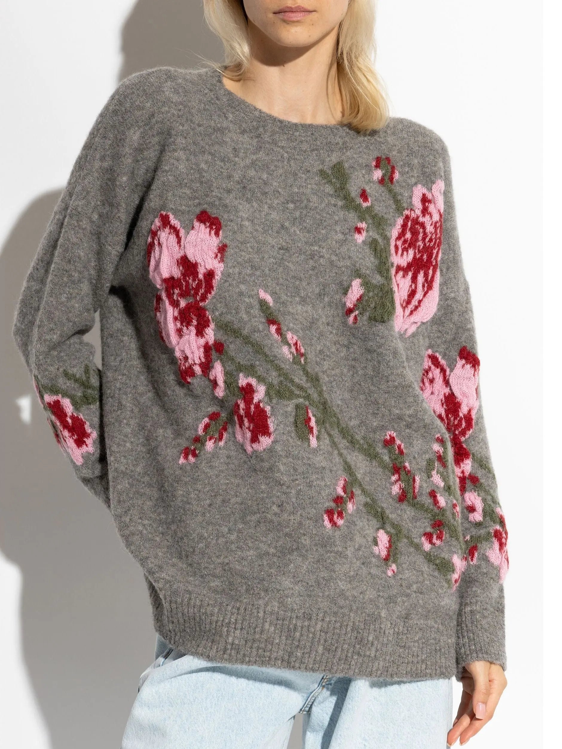 Floral Embroidered Knit Sweater in Gray - Sweaters & Knitwear