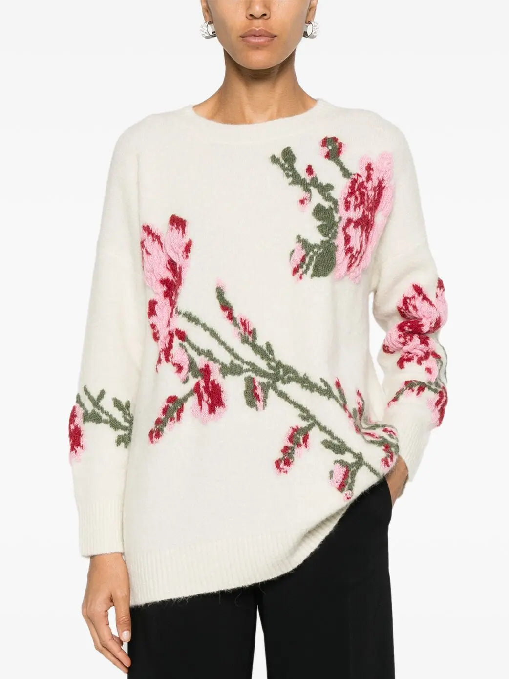 Floral Embroidered Knit Sweater in White - Sweaters & Knitwear