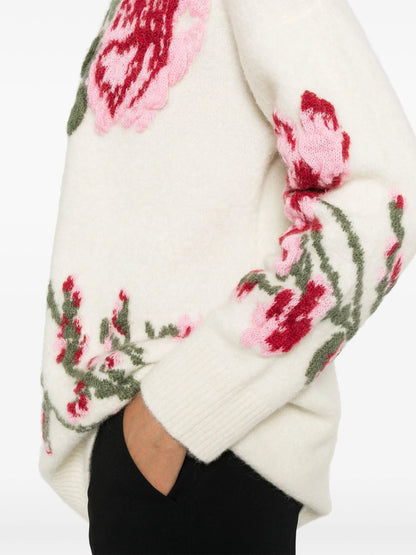 Floral Embroidered Knit Sweater in White - Sweaters & Knitwear