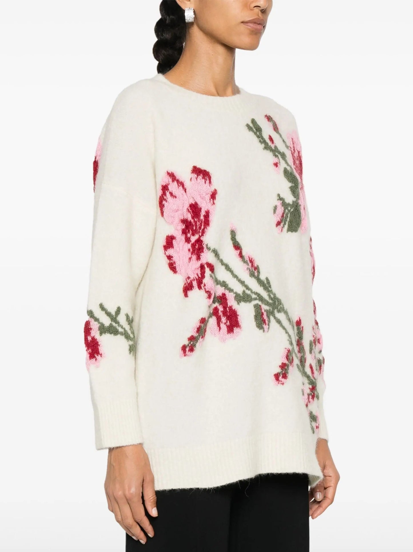 Floral Embroidered Knit Sweater in White - Sweaters & Knitwear