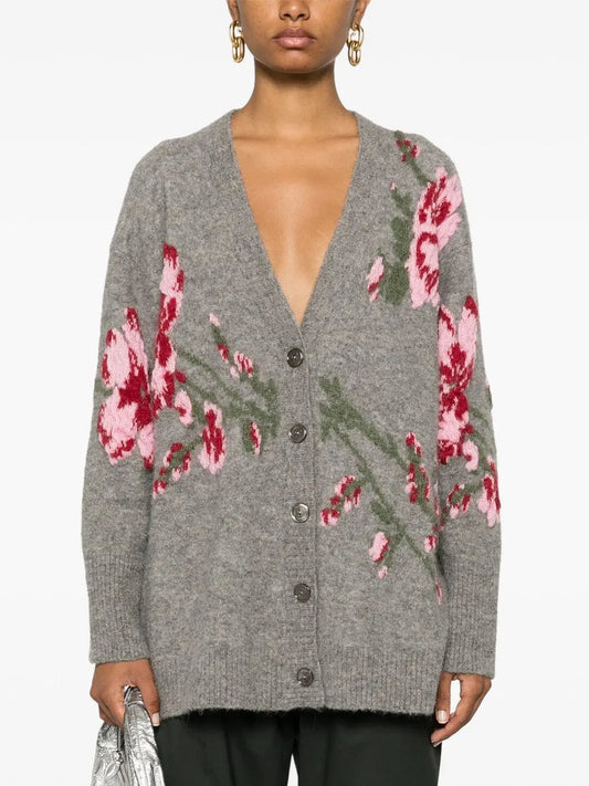 Floral-Embroidered Knit Wool-Blend Long Cardigan in Grey - Sweaters & Knitwear