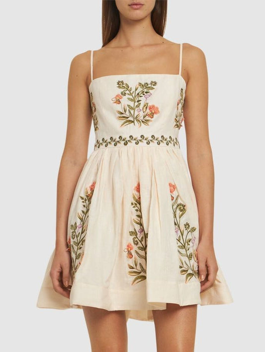 Floral Embroidered Linen Mini Dress featuring vibrant floral embroidery design