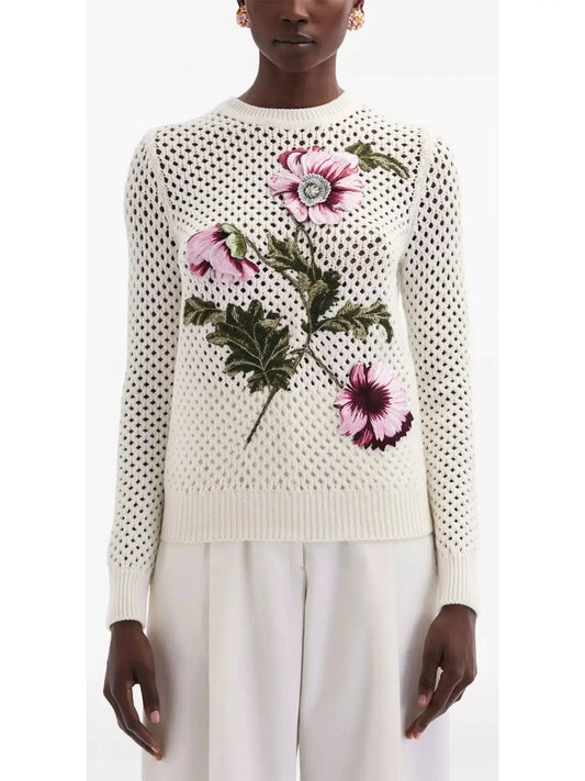 Floral Embroidered Open-Knit Crochet Top - Sweaters & Knitwear