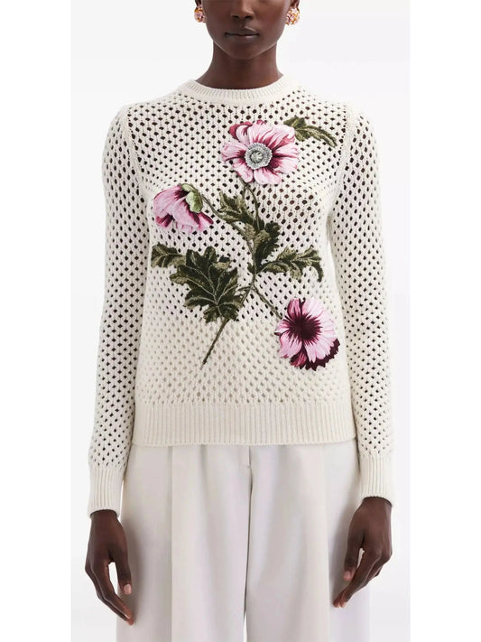 Floral Embroidered Open-Knit Crochet Top - Sweaters & Knitwear