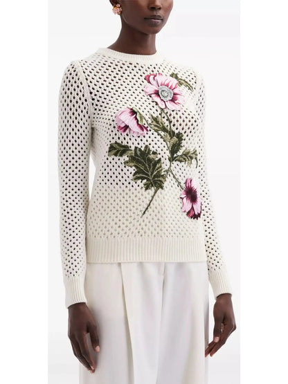 Floral Embroidered Open-Knit Crochet Top - Sweaters & Knitwear