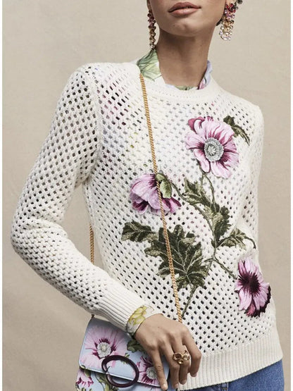 Floral Embroidered Open-Knit Crochet Top - Sweaters & Knitwear