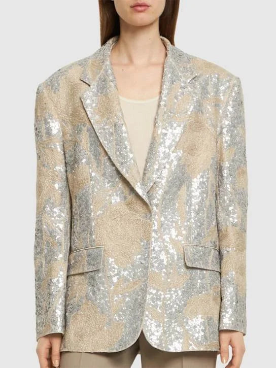 Floral-Embroidered Sequin-Embellished Linen Jacket - Jackets