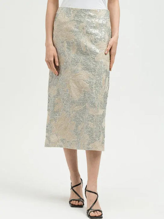 Floral-Embroidered Sequin Midi Skirt - Skirts