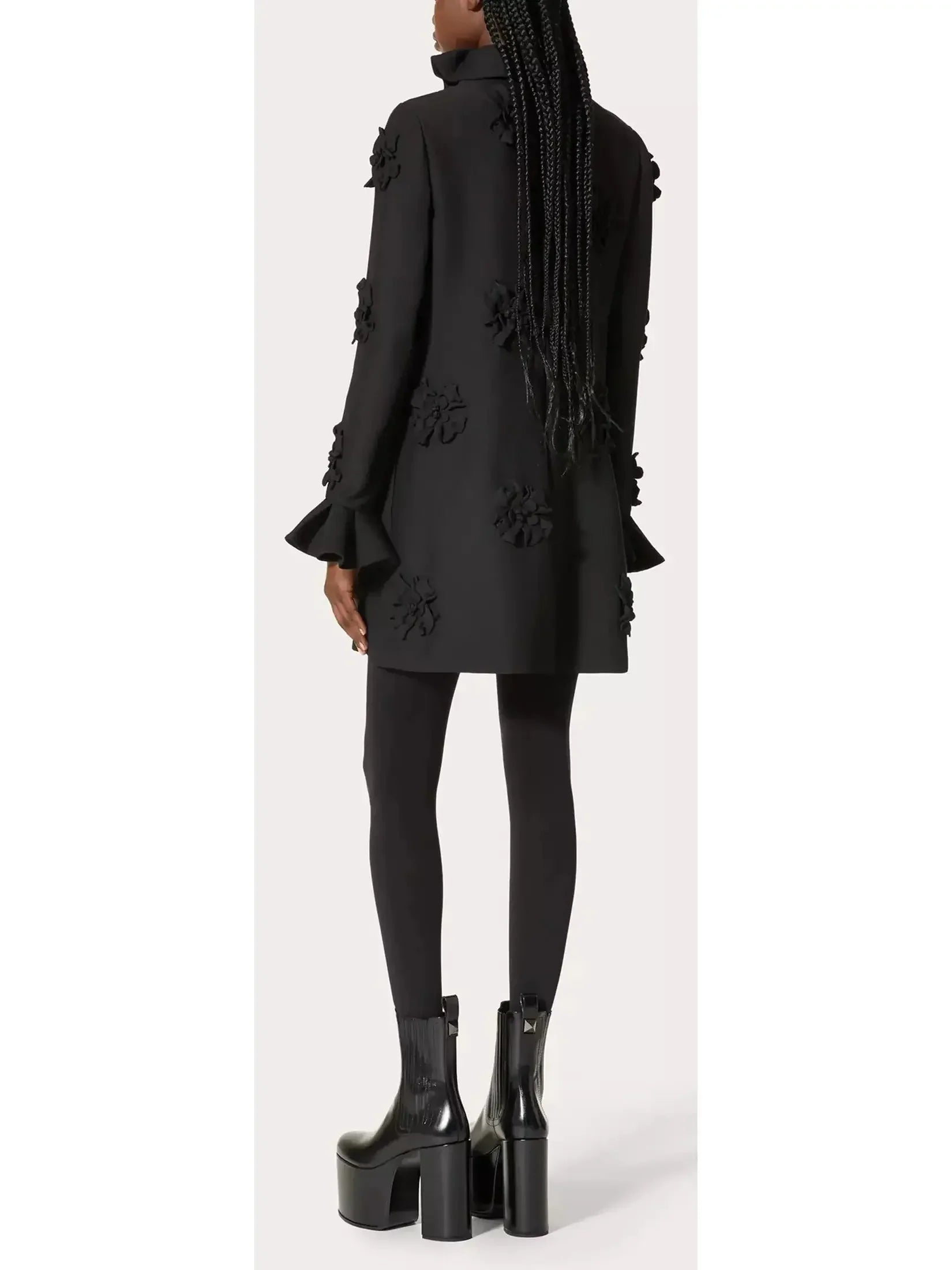 Floral-Embroidered Short Crepe Dress in Black - Dresses