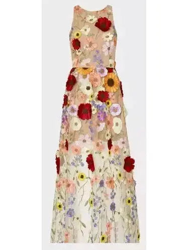 Floral-Embroidered Sleeveless Mesh Gown - Dresses