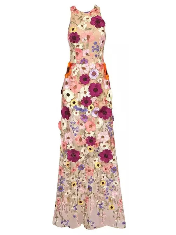 Floral-Embroidered Sleeveless Mesh Gown - Dresses