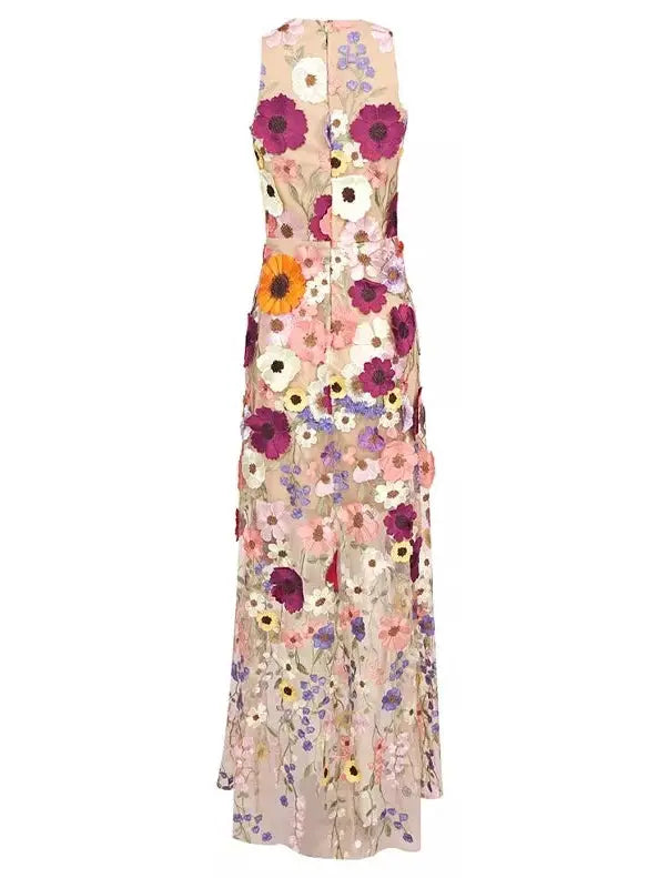 Floral-Embroidered Sleeveless Mesh Gown - Dresses