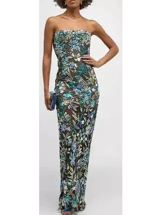 Floral Embroidered Strapless Long Dress - Dresses