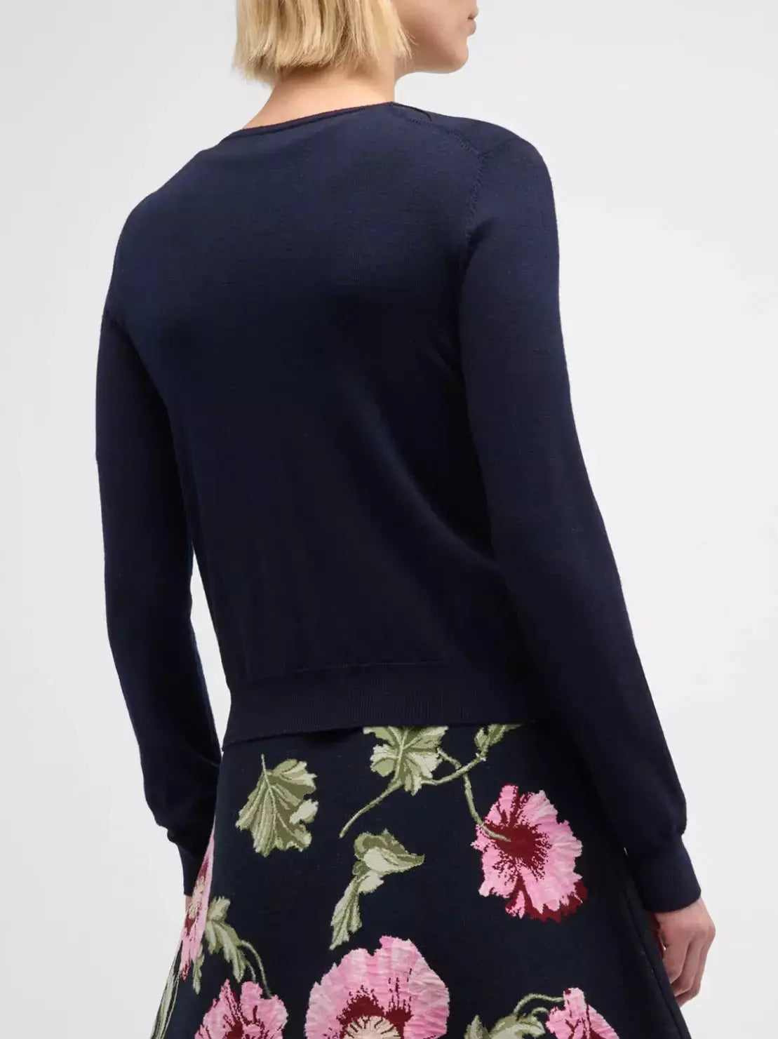 Floral-Embroidered Wool Blend Navy Cardigan Sweater - Sweaters & Knitwear