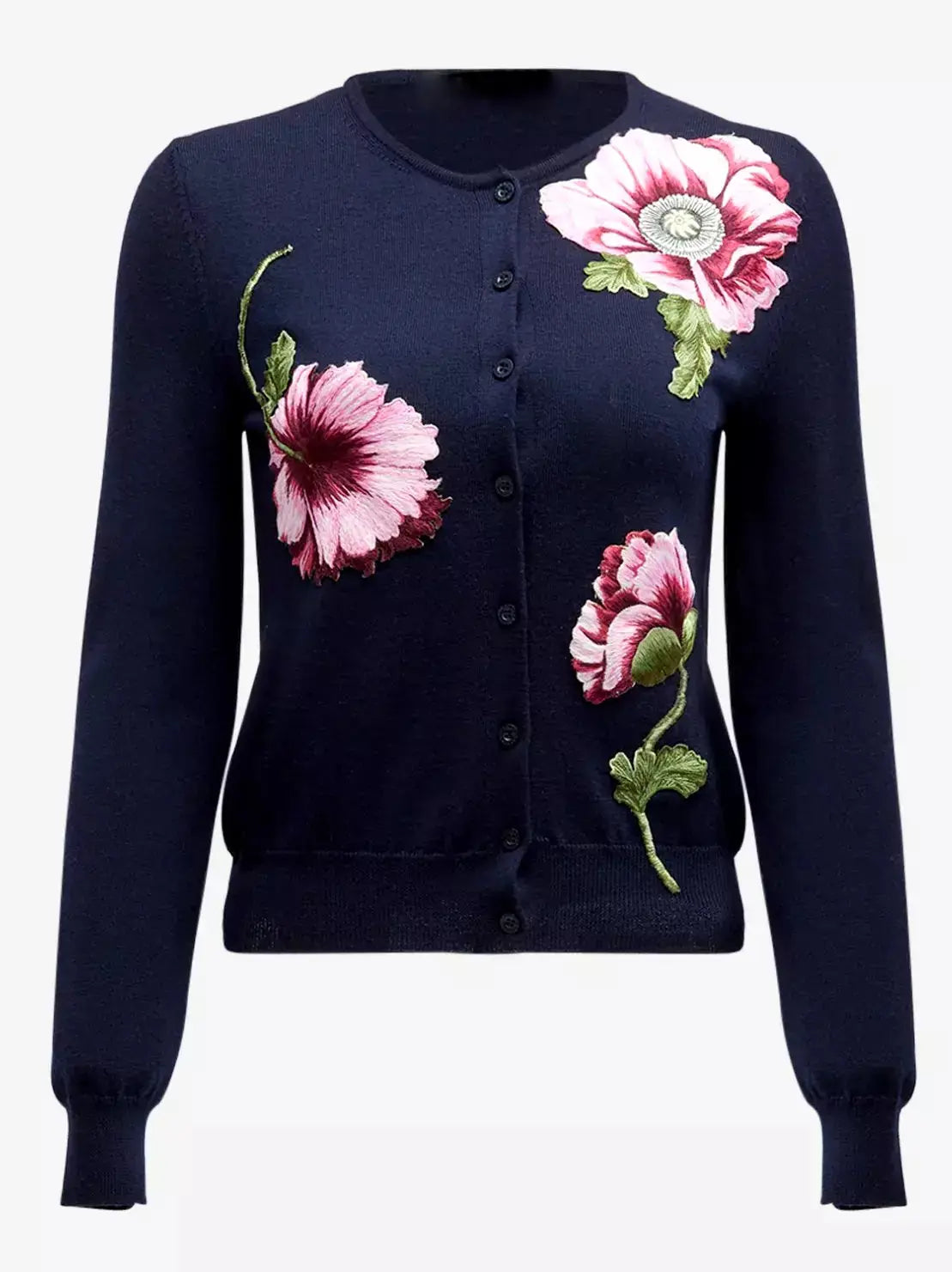 Floral-Embroidered Wool Blend Navy Cardigan Sweater - Sweaters & Knitwear