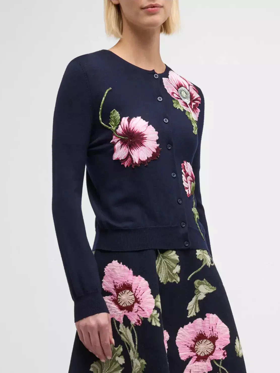 Floral-Embroidered Wool Blend Navy Cardigan Sweater - Sweaters & Knitwear