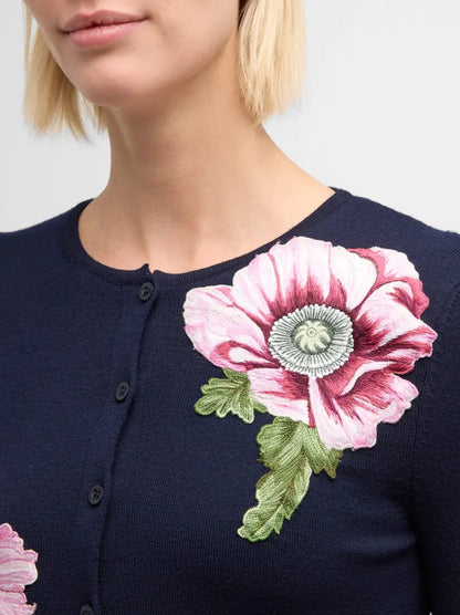 Floral-Embroidered Wool Blend Navy Cardigan Sweater - Sweaters & Knitwear