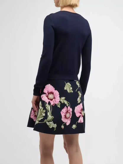 Floral-Embroidered Wool Blend Navy Cardigan Sweater - Sweaters & Knitwear