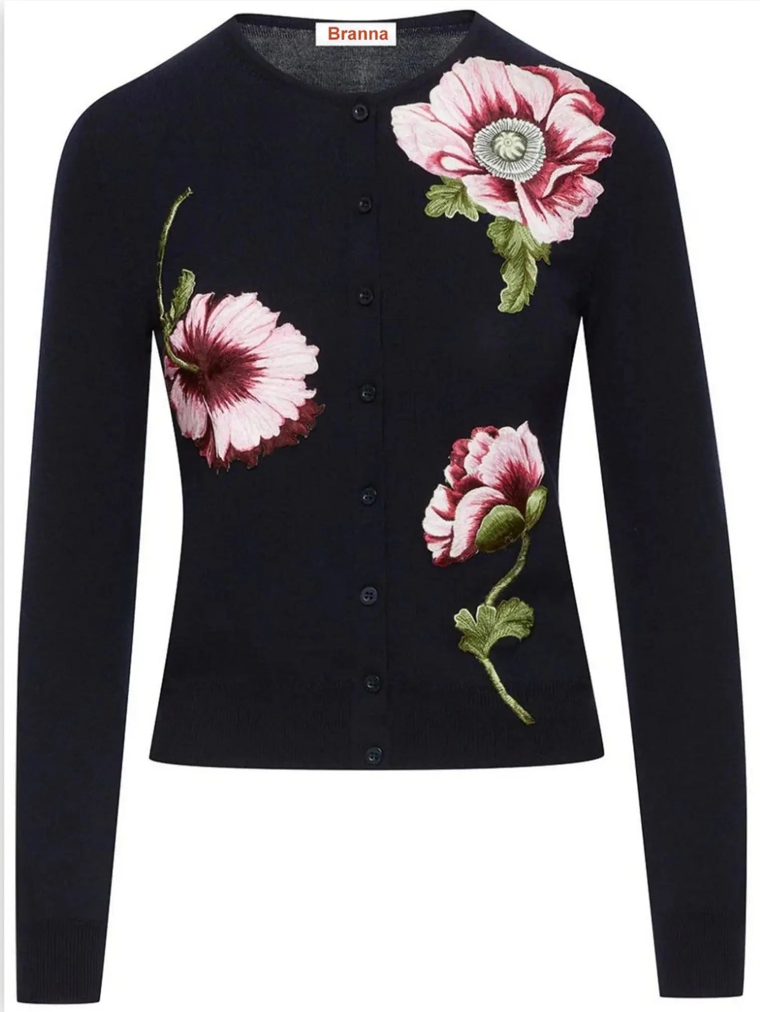 Floral-Embroidered Wool Blend Navy Cardigan Sweater - Sweaters & Knitwear